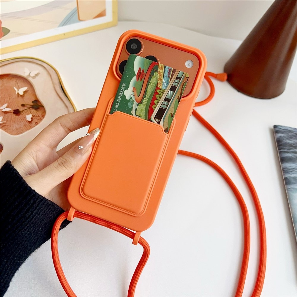 Silikonetui med kortlomme og stropp til iPhone 18 Pro Max / 17 Pro Max – oransje