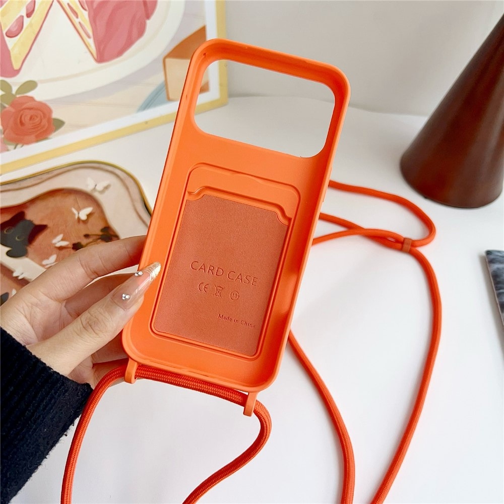 Silikonetui med kortlomme og stropp til iPhone 18 Pro Max / 17 Pro Max – oransje