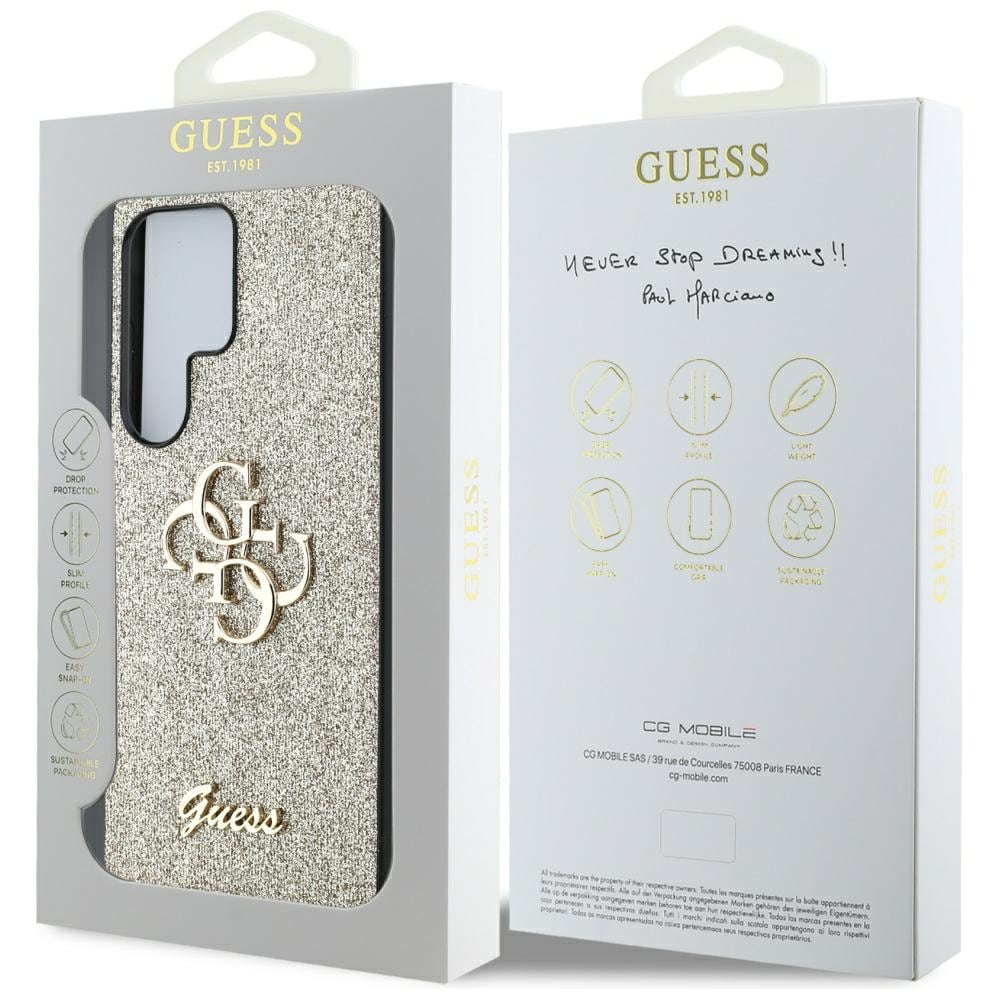 Guess Fixed Glitter Big 4G metalllogo-etui til Samsung Galaxy S25 Ultra – gull