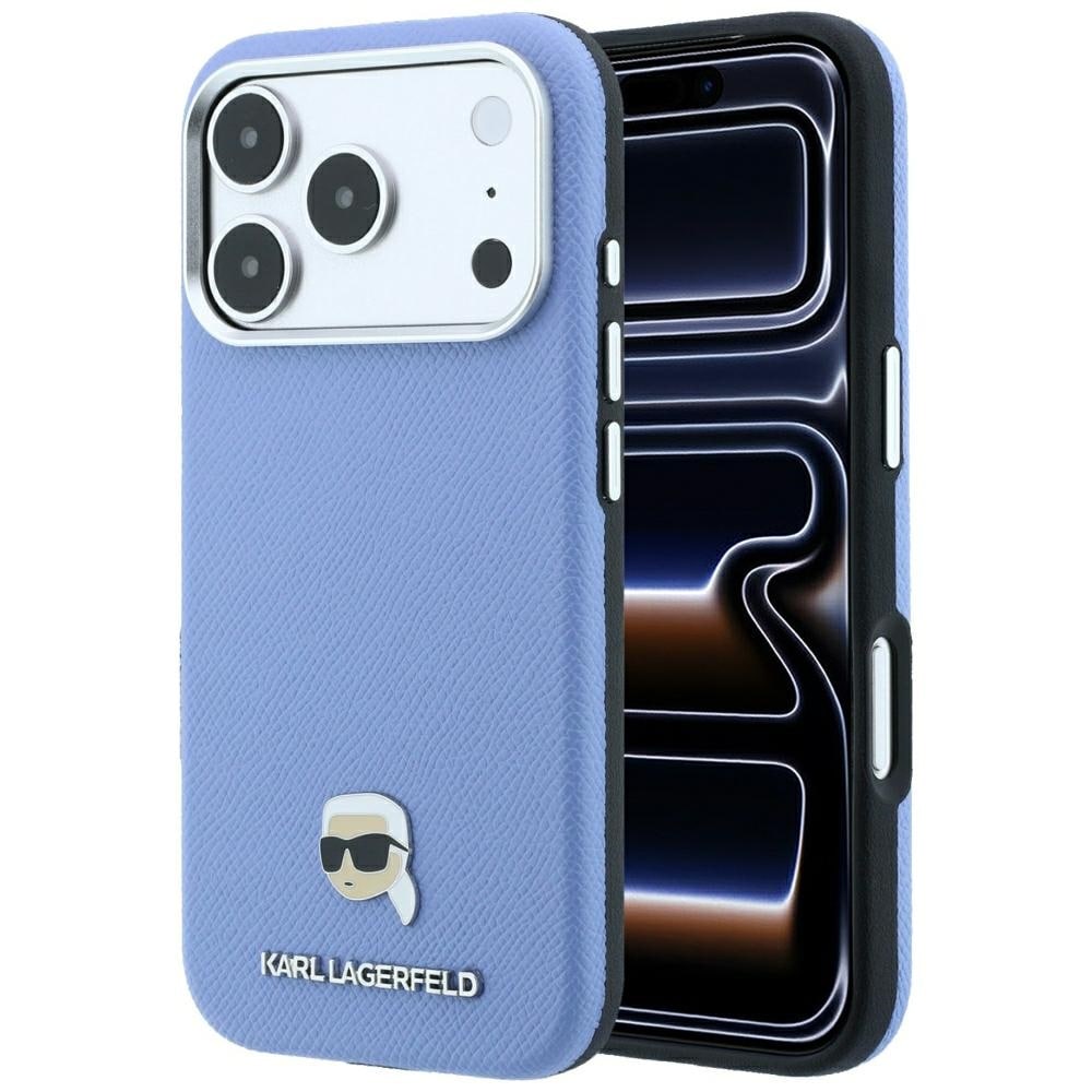 Karl Lagerfeld «Grained Karl Head» metall-MagSafe-etui til iPhone 18 Pro / 17 Pro – Lysblå