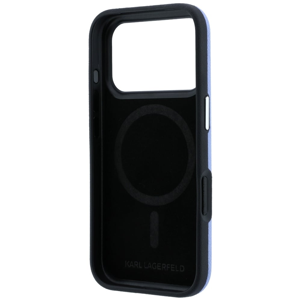 Karl Lagerfeld «Grained Karl Head» metall-MagSafe-etui til iPhone 18 Pro / 17 Pro – Lysblå