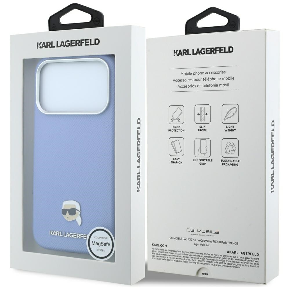 Karl Lagerfeld «Grained Karl Head» metall-MagSafe-etui til iPhone 18 Pro / 17 Pro – Lysblå