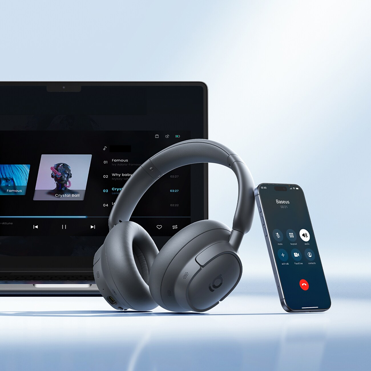 Baseus Bass BH1 NC Lite trådløse over-ear-hodetelefoner med ANC – grå