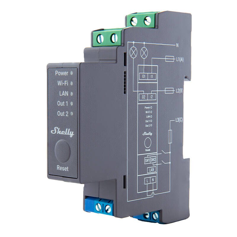 Shelly Pro 2 DIN-skinne 2-kanals relé, WiFi/LAN