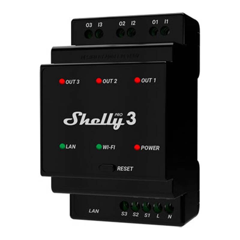 Shelly Pro 3 DIN-skinne 3-kanals relé, WiFi/LAN