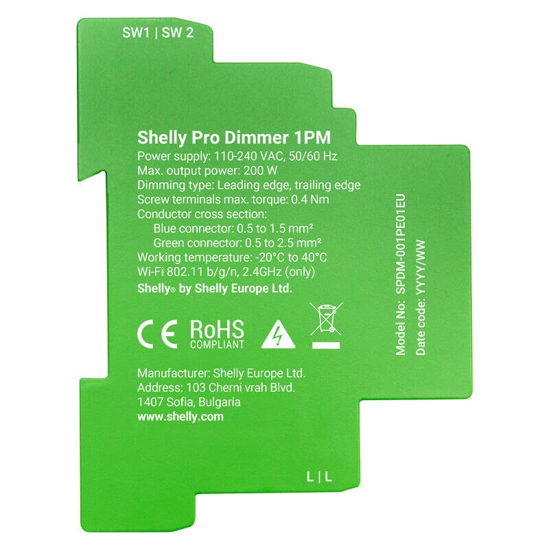 Shelly Pro Dimmer 1 DIN-skinne smartbryter, 1-kanal