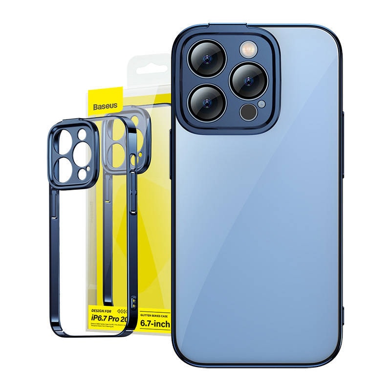 $ 0000073n Glitter gjennomsiktig etui og herdet glass sett for $ 0000010n 14 Pro Max (blå)