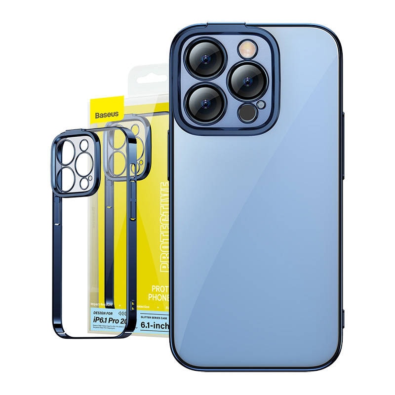 Baseus Glitter gjennomsiktig etui og herdet glass sett for iPhone 14 Pro (blå)