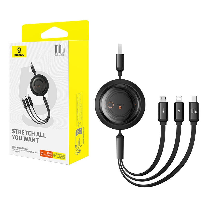 3-i-1 Baseus Free2Draw USB til M+L+C 100W-kabel, 1,1 m (svart)
