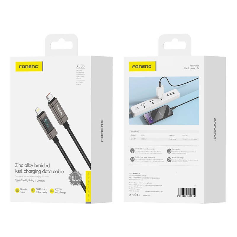 Foneng XS05 PD27W USB-C til Lightning-kabel, 1,2 m (svart)