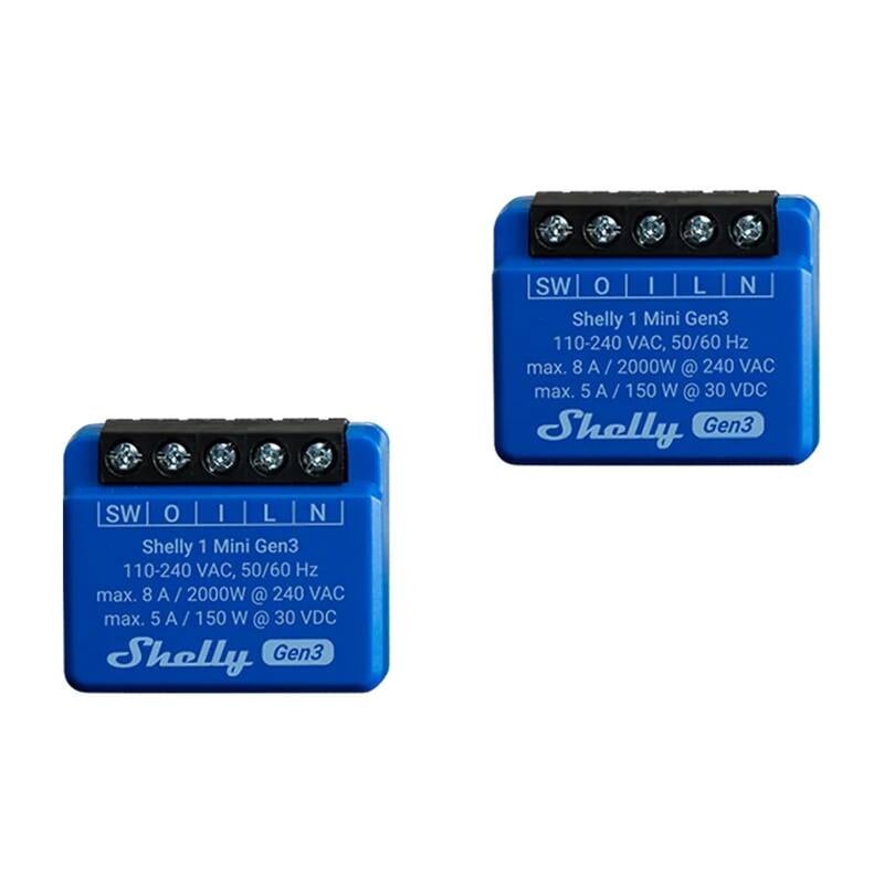 Shelly 1 Mini Gen3 sett med 2 kontrollere, WiFi/Bluetooth