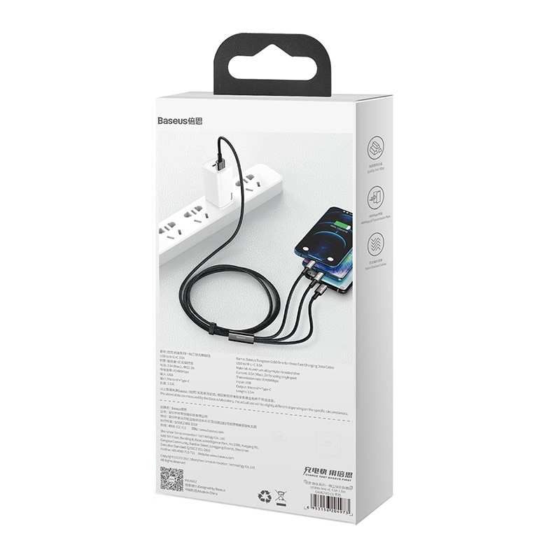 USB-kabel 3in1 Baseus Tungsten Gold, USB til micro USB / USB-C / Lightning, 3,5A, 1,5 m (svart)