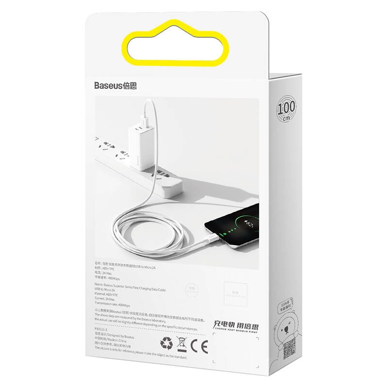 Baseus Superior Series-kabel USB til mikro-USB, 2A, 1 m (hvit)