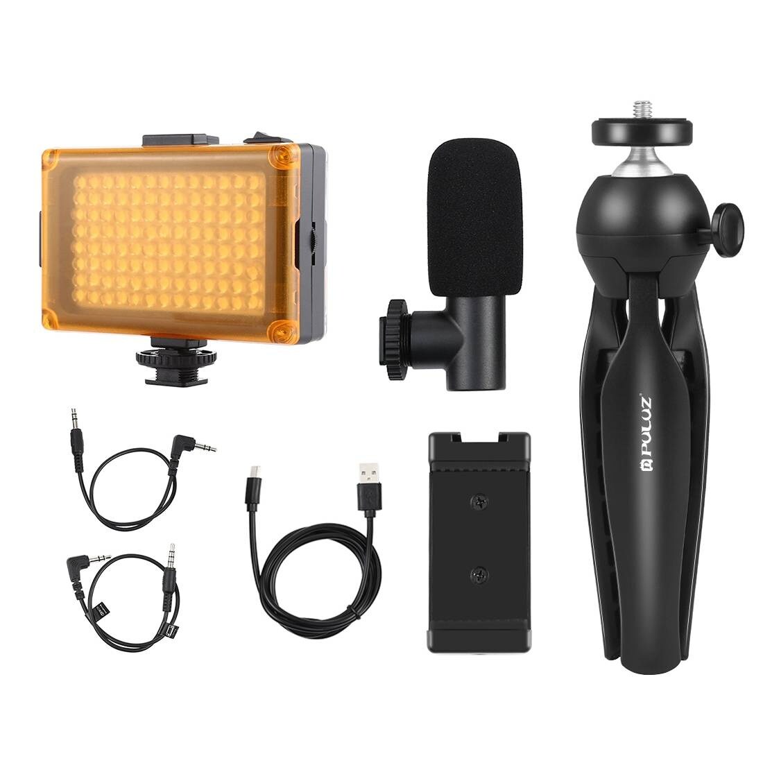 Puluz liveopptakssett stativ + LED-lys + mikrofon + telefonklips PKT3132B