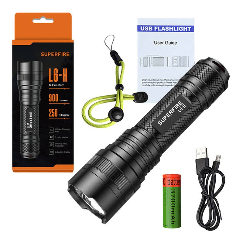 Superfire L6-H lommelykt, 900 lm, 15 W, USB-C, 5 moduser