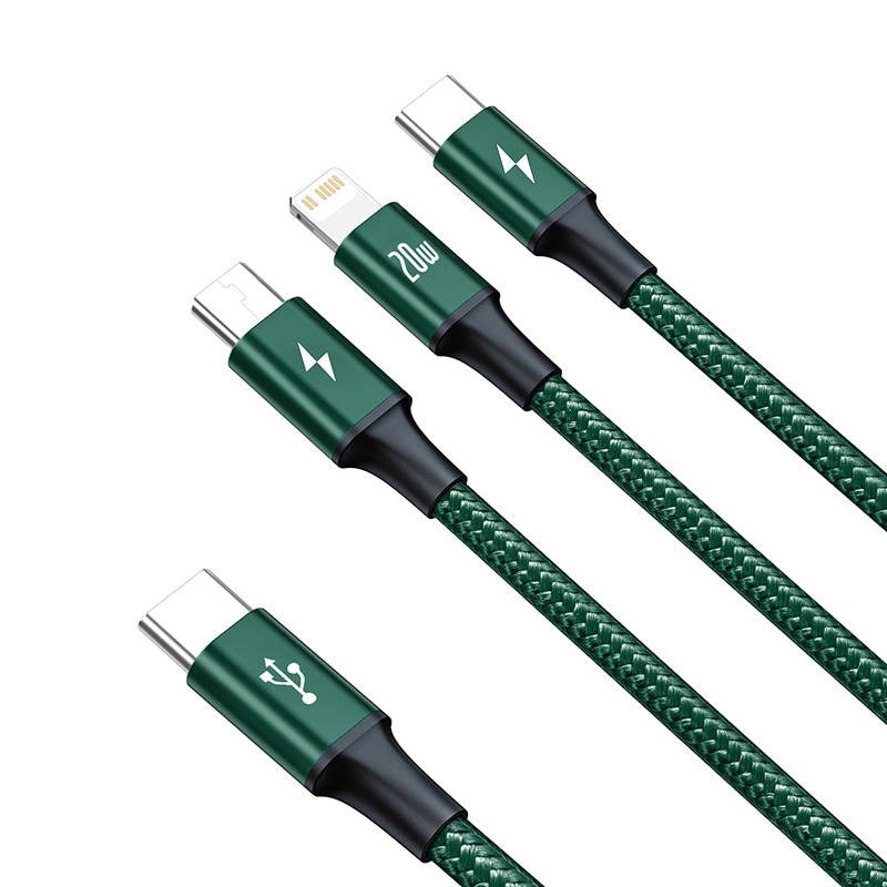 Baseus Rapid Series 3-i-1-kabel USB-C for M+L+T 20W 1,5 m (grønn)