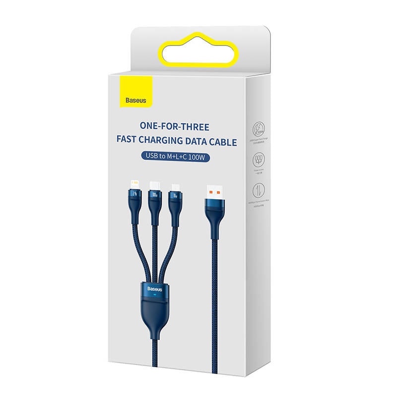 3-i-1 USB-kabel Baseus Flash Series, USB-C + micro USB + Lightning, 100 W, 1,2 m (blå)
