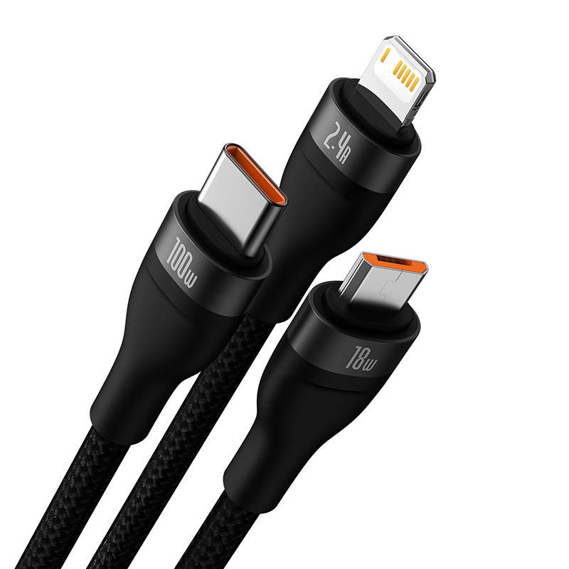 3-i-1 USB-kabel Baseus Flash Series, USB-C + micro USB + Lightning, 100 W, 1,2 m (svart)