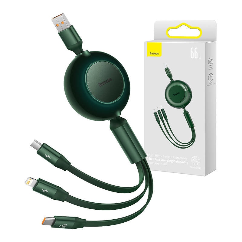 Baseus Bright Mirror 3, USB 3-i-1-kabel for micro USB / USB-C / Lightning 66W / 2A 1,1 m (grønn)