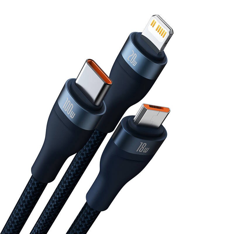 3-i-1 USB-kabel Baseus Flash Series 2, USB-C + micro USB + Lightning, 100 W, 1,2 m (blå)