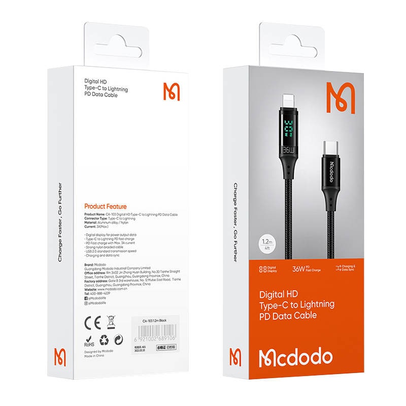 Kabel Mcdodo CA-1030 USB-C til Lightning, 36 W, 1,2 m (svart)