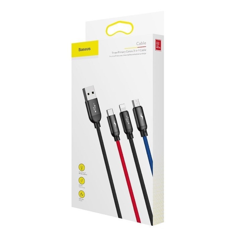 Baseus 3in1-kabel USB-C / Lightning / Micro 3,5A 0,3m (svart)