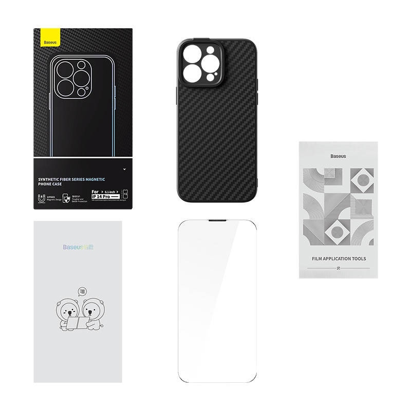 Baseus Magnetisk Etui Synthetic Fiber for iPhone 14 Pro (svart) + herdet glass + rengjøringssett