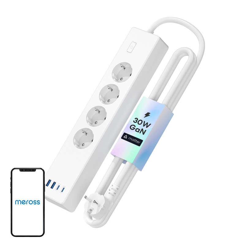 Meross MSP844(EU) smart hurtigladestrømsuttak, 4 uttak + 2x USB-A + 2x USB-C (Matter)