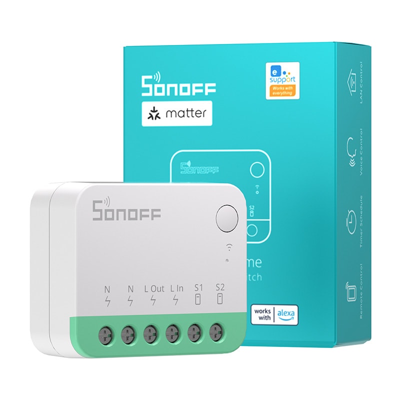 Sonoff MINIR4M Matter-kompatibel smart WiFi-minibryter (HomeKit, SmartThings, Home Assistant).