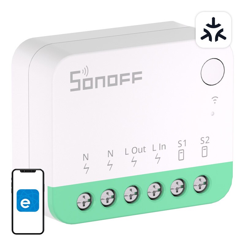 Sonoff MINIR4M Matter-kompatibel smart WiFi-minibryter (HomeKit, SmartThings, Home Assistant).