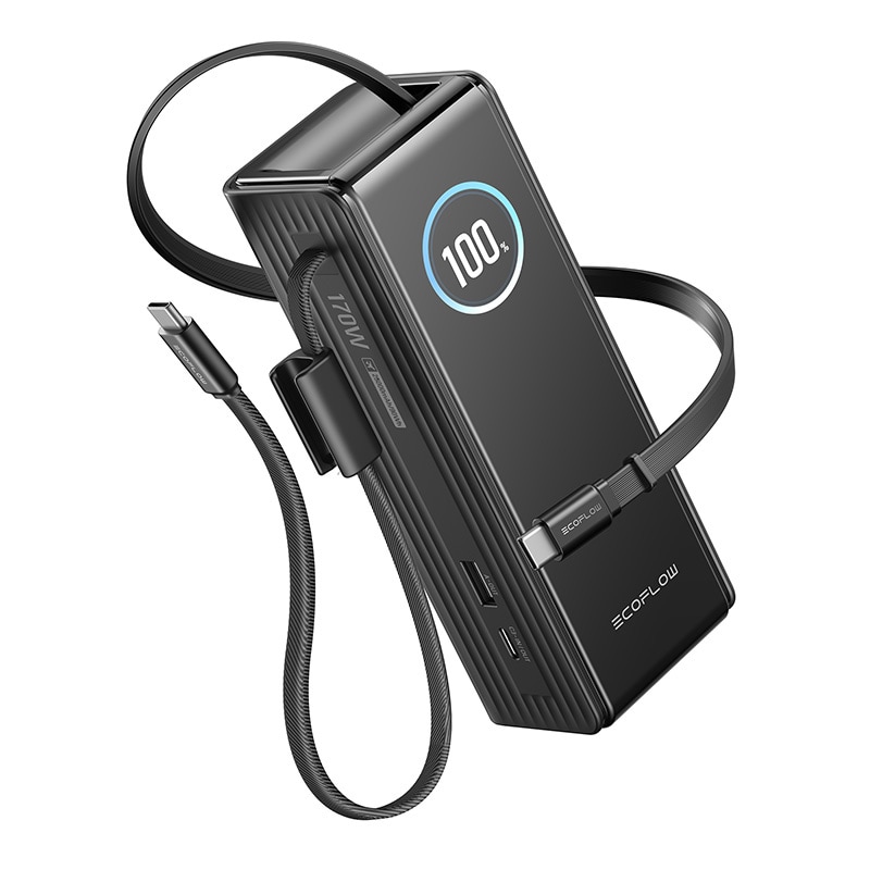 EcoFlow RAPID Powerbank 25 000 mAh, 170 W (med innebygde 100 W-kabler).