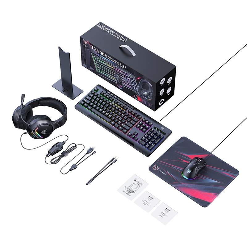 Onikuma TZ5008 5-i-1-spillsett: Tastatur + mus + headset + musematte + stativ